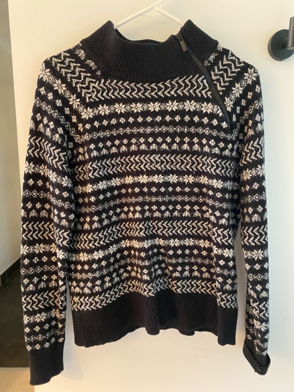 Lou & Grey Black and White Fair Isle Zip-Turtleneck Sweater